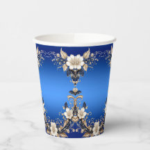 Vasos de Papel con Adorno Floral Azul Blanco