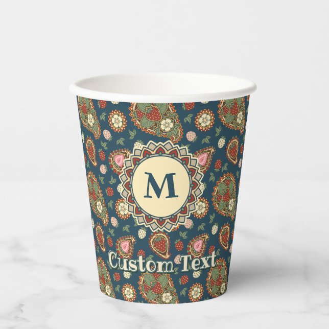 Vasos de papel con estampado de paisley de fresa (Anverso)