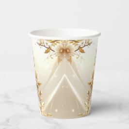 Vasos de papel con flores blancas y doradas