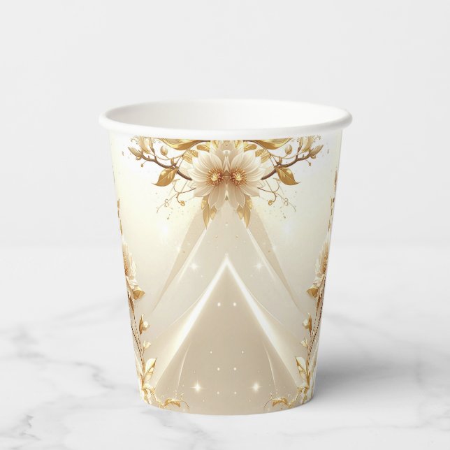 Vasos de papel con flores blancas y doradas (Reverso )