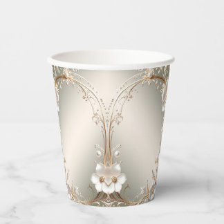 Vasos de papel con marco floral blanco ornamentado
