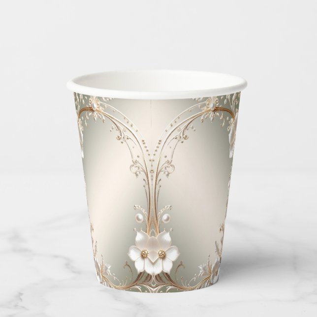 Vasos de papel con marco floral blanco ornamentado (Anverso)