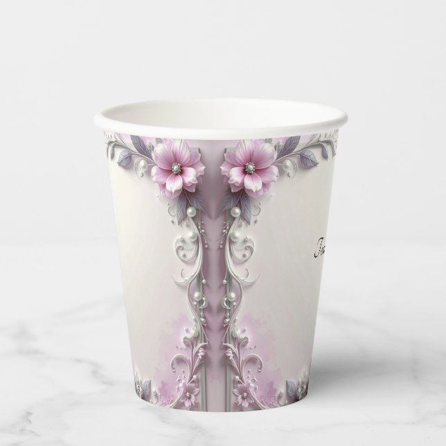 Vasos de papel con marco floral rosa (Anverso)