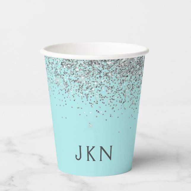 Vasos de papel con monograma de brillo plateado az (Anverso)