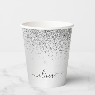 Vasos de papel con monograma y brillo plateado