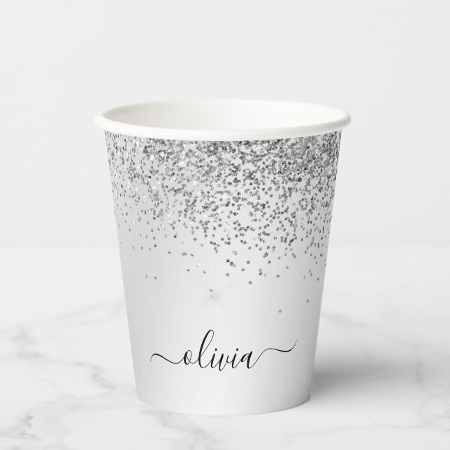 Vasos de papel con monograma y brillo plateado (Anverso)