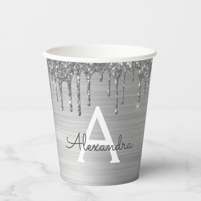 Vasos de papel con monograma y brillo plateado (Anverso)