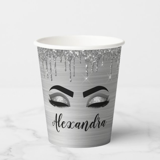 Vasos de papel con ojos glamurosos y brillo que go (Anverso)