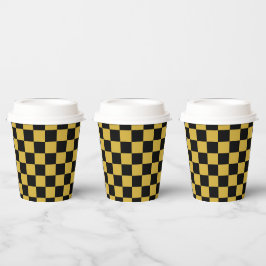 Vasos de papel con patrón cuadrado negro y dorado 