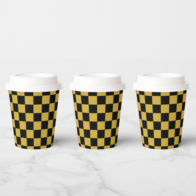 Vasos de papel con patrón cuadrado negro y dorado  (Multi)