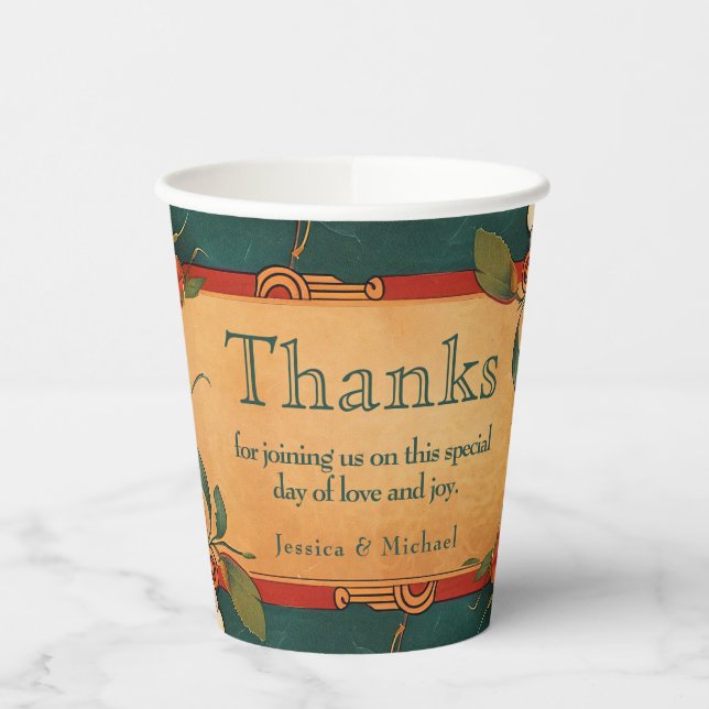 Vasos De Papel 🌹 Con Rosa de texto Romance: Esplendor Art Nouvea (Izquierda)