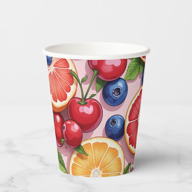 Vasos de papel con tema de frutas lindas (Reverso )