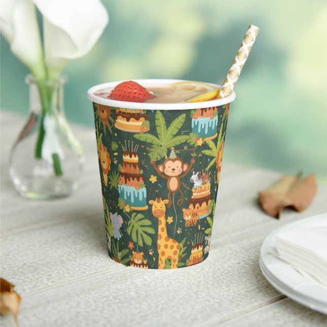 Vasos de papel con tema de jungla para cumpleaños  (in situ)