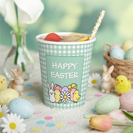 Vasos De Papel Conejo de Pascua Feliz Pollito Huevos Gingham Verd
