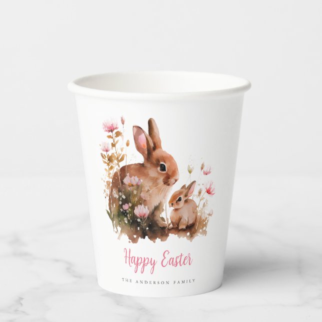 Vasos De Papel Conejo Floral de Acuarela de Pascua (Anverso)