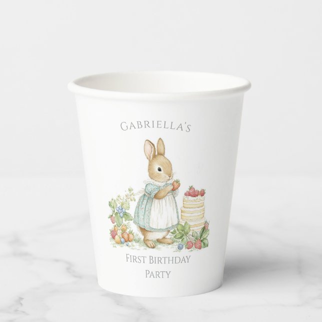 Vasos De Papel Conejo lindo con fresas Cumpleaños (Anverso)