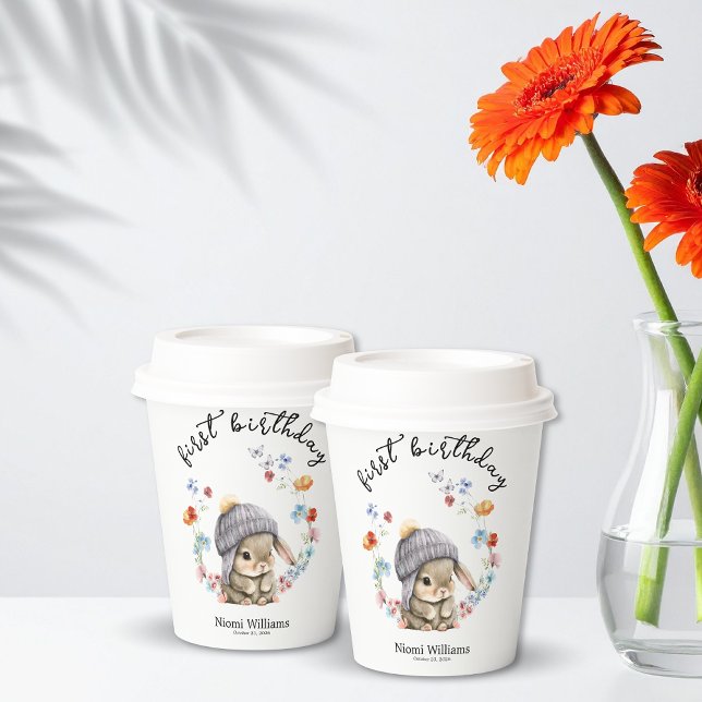 Vasos De Papel Conejo Simple de Flores Silvestres del Bosque Cump (Simple Wildflower Woodland Bunny 1st Birthday Paper Cup)