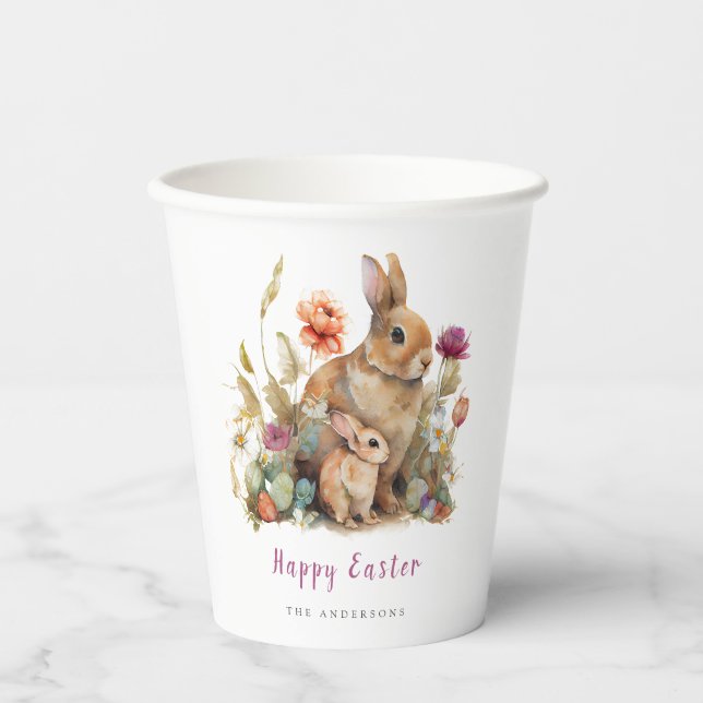 Vasos De Papel Conejos de Pascua Florales (Anverso)