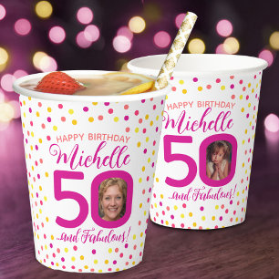 Vasos De Papel Confeti amarillo rosado de 50 años dos fotos