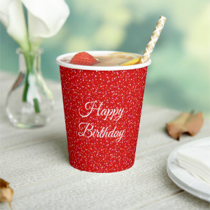 Vasos De Papel Confeti Festivo de Cumpleaños sobre Purpurina Roja