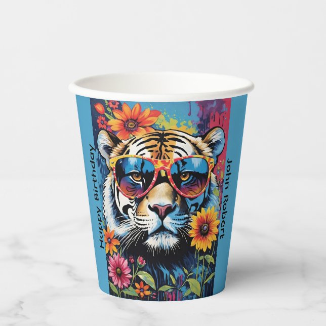 Vasos De Papel Cool Tiger In Sunglasses With Flowers (Anverso)