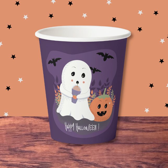 Vasos De Papel Copa de papel morado con fantasma de Halloween (Cute purple paper cups with a cute Halloween ghost . )