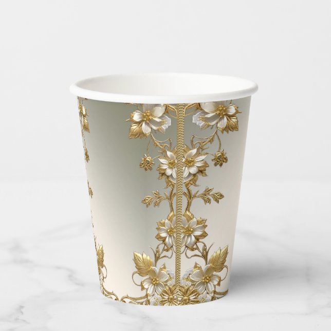 Vasos De Papel Copa de papel Ornato de Oro Floral Blanco (Anverso)