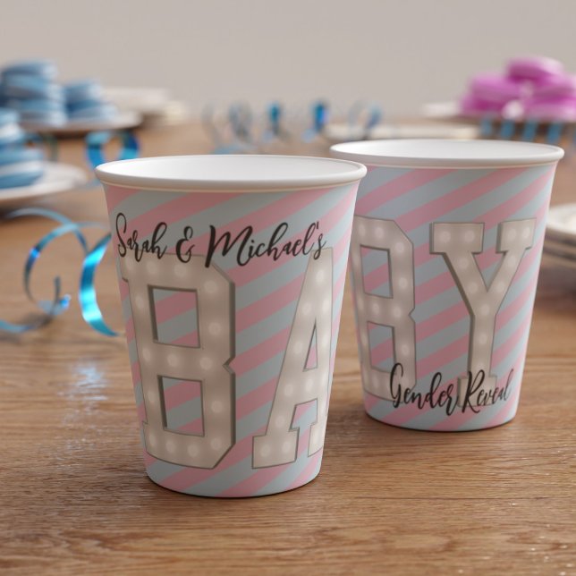 Vasos De Papel Copa de Papel Revelador de Género de Baby Shower (Pink and Blue Gender Reveal paper cups with space for your name)