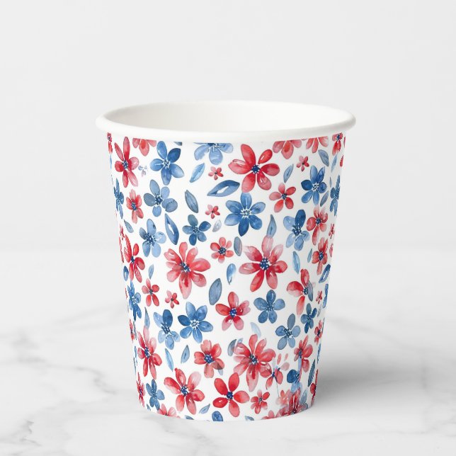 Vasos De Papel Copa Floral de Papel Blanco y Azul 4 de julio (Anverso)