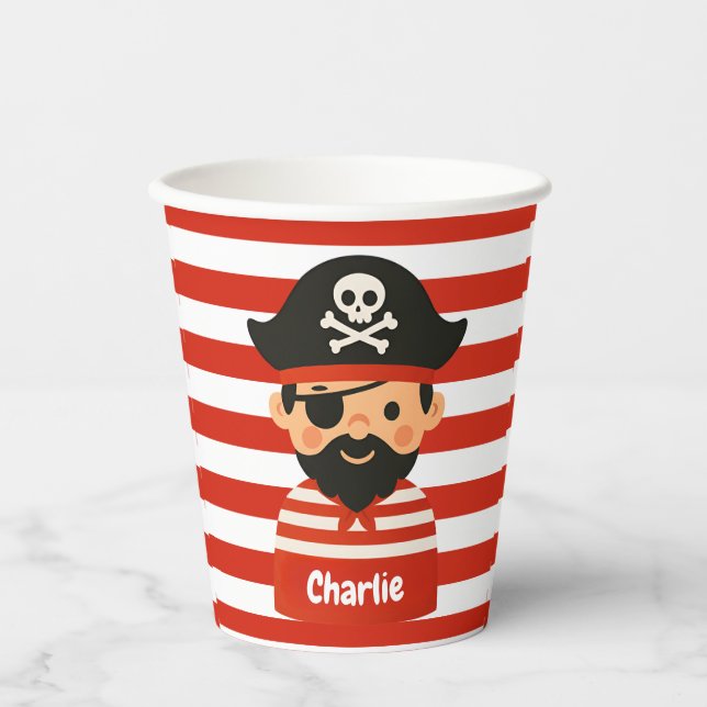 Vasos De Papel Copa Pirata con nombre de marinero stripy (Anverso)
