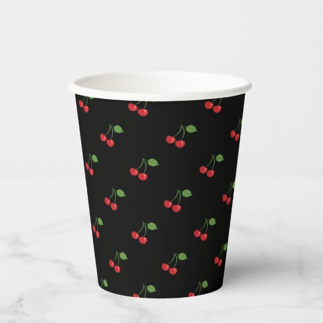 Vasos De Papel Copa Retro Cherries Patrón de Papel Negro (Anverso)