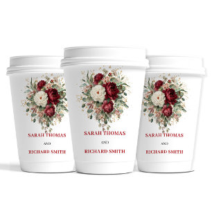 Vasos De Papel Copas de boda florales borgoña con rubor elegante