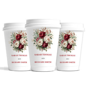 Vasos De Papel Copas de boda florales de color burdeos con rubor 