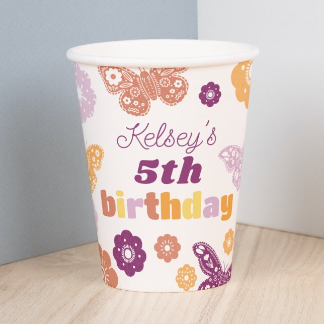 Vasos De Papel Copas de fiesta de cumpleaños de mariposa retro (Personalized Butterfly Birthday Party Cup)