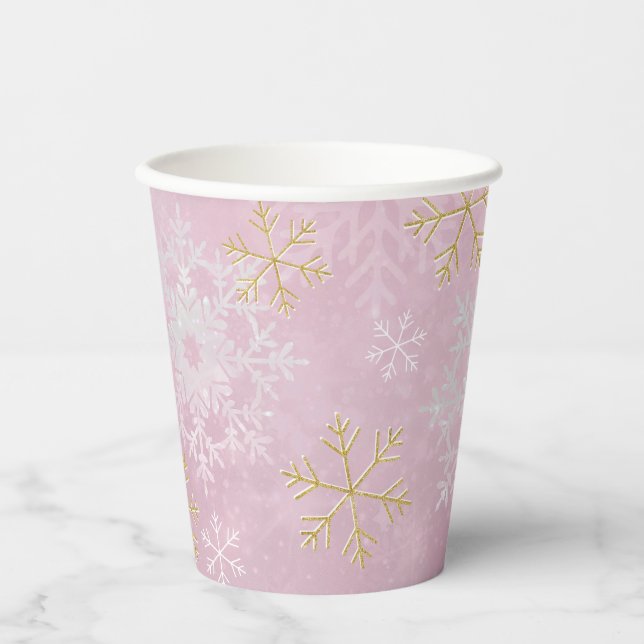 Vasos De Papel Copas de papel Baby Shower con copos de nieve rosa (Anverso)