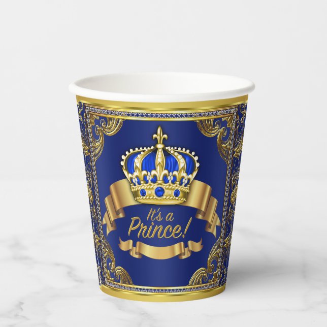 Vasos De Papel Copas de papel Baby Shower Royal Blue Gold Prince (Anverso)