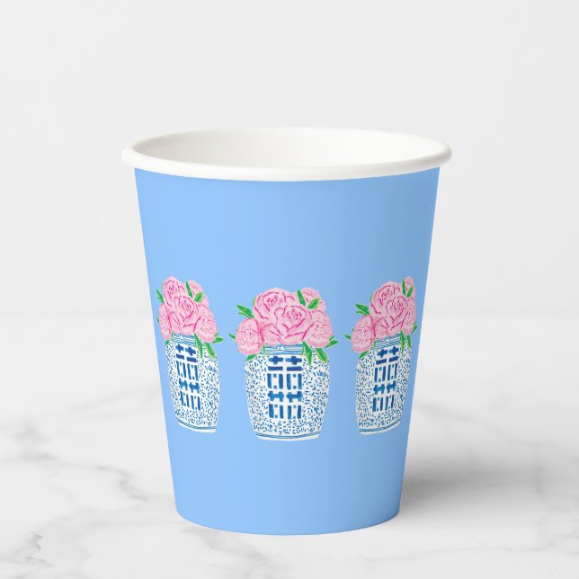 Vasos De Papel Copas de papel Chinoiserie Blue y White Peony (Anverso)