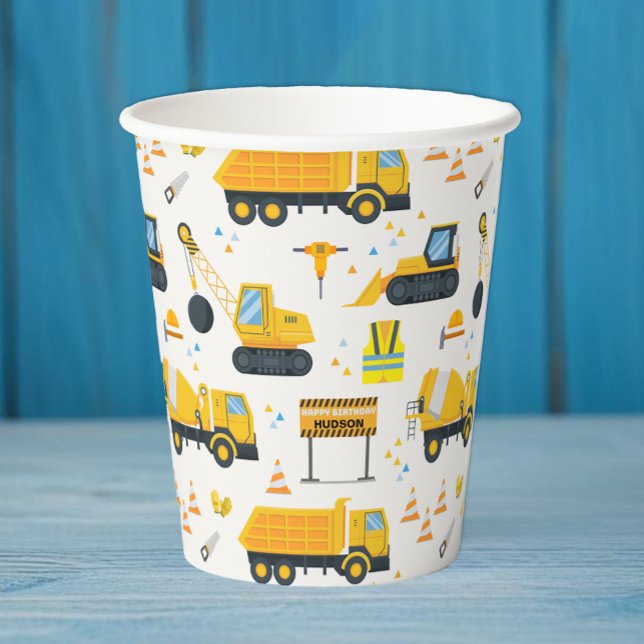 Vasos De Papel Copas de papel de fiesta de cumpleaños de construc (Cute Construction Vehicle Birthday Party Paper Cups)