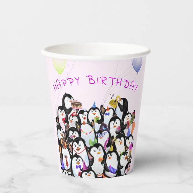 Vasos De Papel Copas de papel de Fiesta de pingüino de cumpleaños (Anverso)