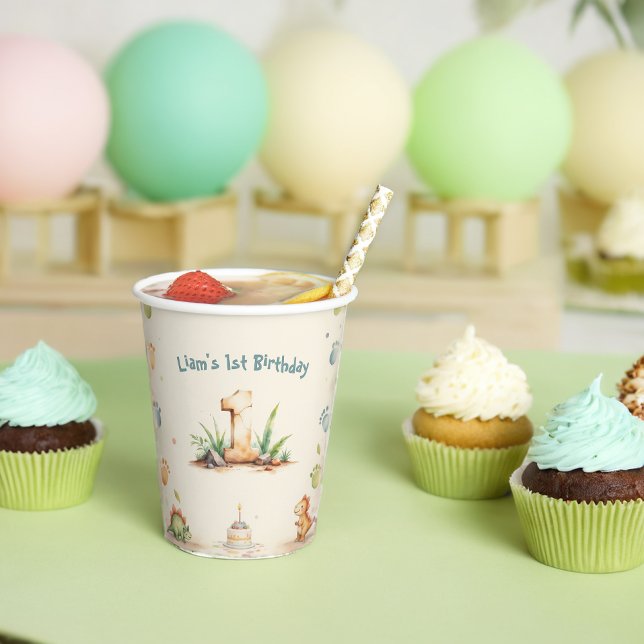 Vasos De Papel Copas de papel de primer cumpleaños de dinosaurio  (Subido por el creador)