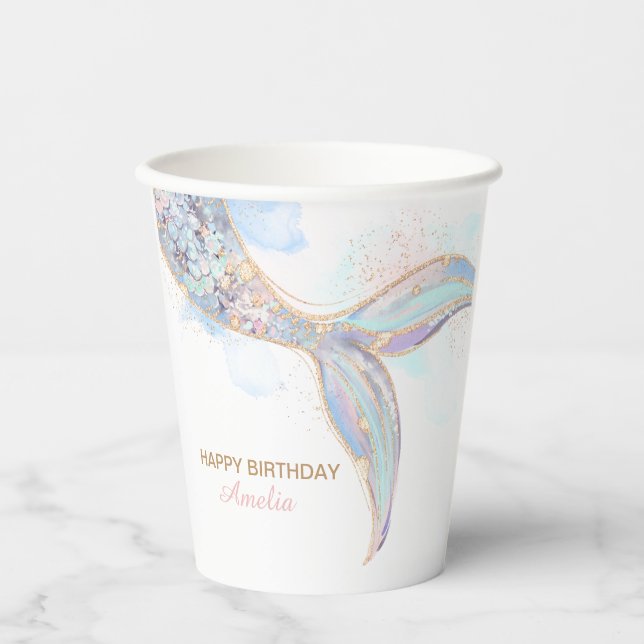 Vasos De Papel Copas de papel de sirena, decoración de cumpleaños (Anverso)