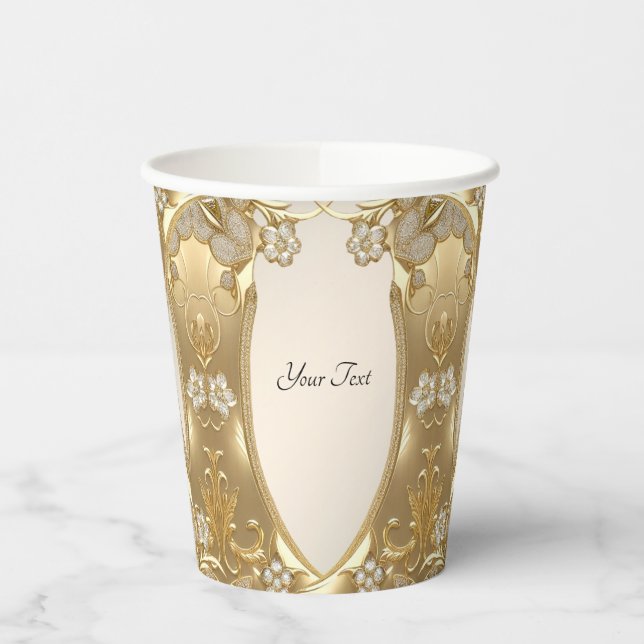 Vasos De Papel Copas de papel floral con ornamento dorado (Izquierda)