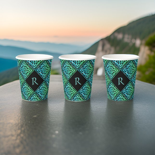 Vasos De Papel Copas monográficas de papel verde azul celta (🍀 Personalized Celtic charm: Monogrammed paper cup #IrishElegance 🍀)