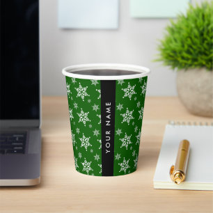 Vasos De Papel Copia de Copos de nieve blancos, verde, tu nombre,
