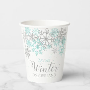 Vasos De Papel Copo de nieve Verde azulado de invierno con luz de