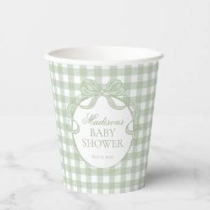 Vasos De Papel Coqueta de Baby Shower con lazo de gingham verde