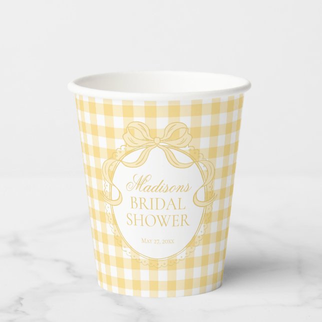 Vasos De Papel Coqueta de gingham amarillo para ducha de novia (Anverso)