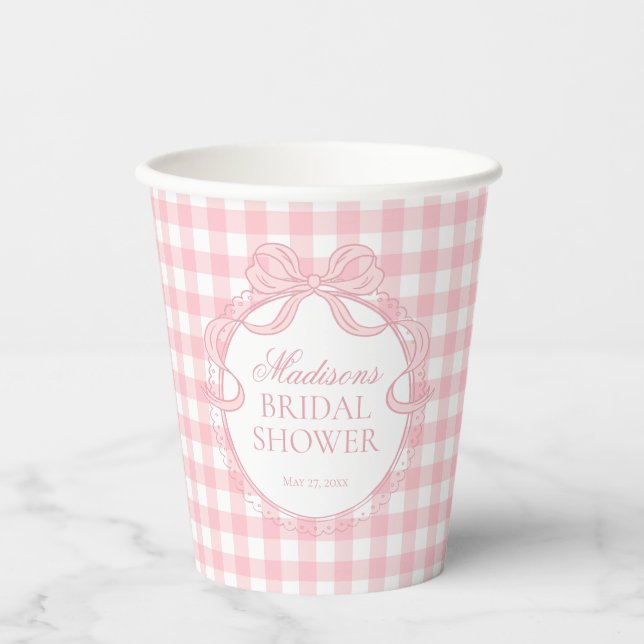 Vasos De Papel Coqueta de Gingham Rosa con Lazo para Despedida de (Anverso)