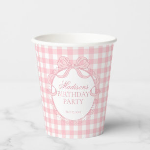Vasos De Papel Coqueta de Gingham Rosa con Lazo para Despedida de