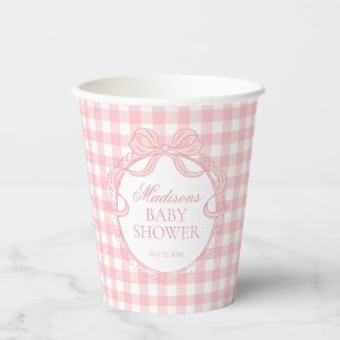 Vasos De Papel Coqueta de gingham rosa para baby shower con lazo